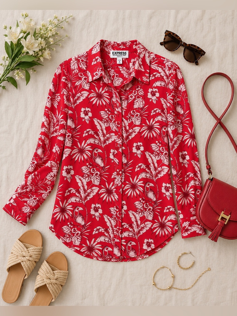 Express Portofino Original Fit Tropical Print Button-Down Blouse Size Medium